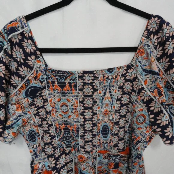 Shein Curve Boho Chic Dress Exotic Blue Orange Shirred bodice Women's Size 1X - Picture 5 of 9